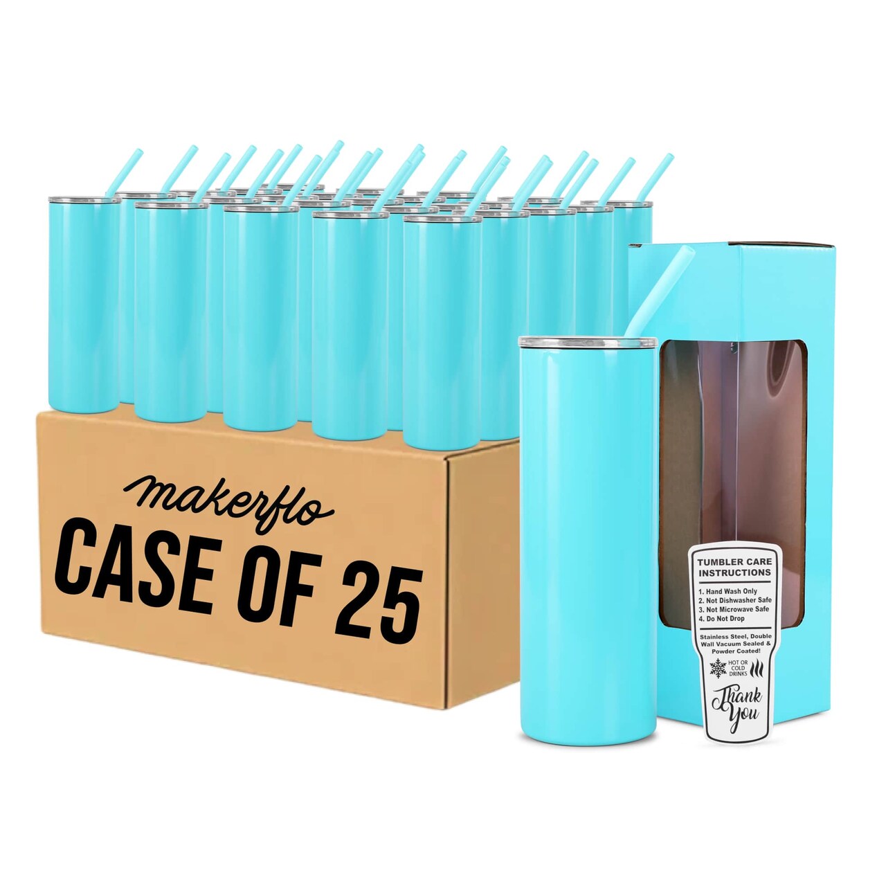 MakerFlo 20oz Skinny Powder-Coated Glossy Tumbler with Optional Handle – Case of 25 – Includes Leak-Proof Lids, Silicone Straws & Gift Boxes – Customizable for Laser Engraving, UV Printing, and Epoxy